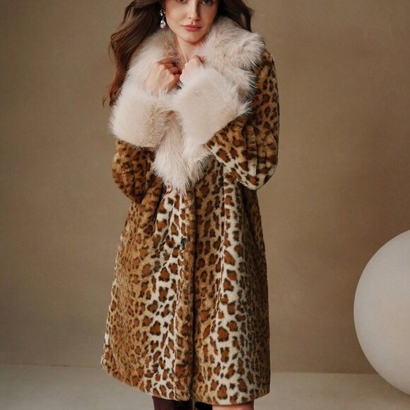 Brown Casual Women's Faux Fur Leopard Print Trim A-Line Waist Long Women's Coat - Picture 4 of 5